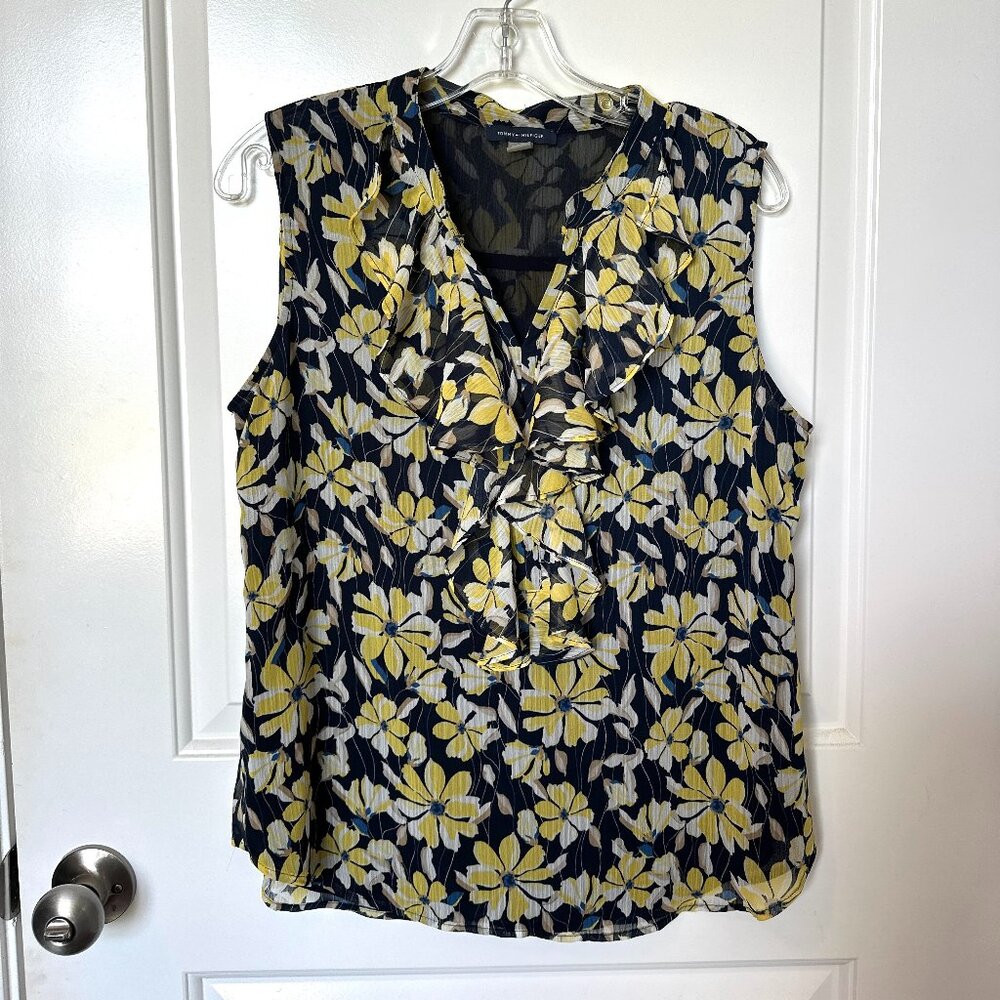 Tommy Hilfiger Wome Sleeveless V-Neck Ruffle Front Lined Top Floral Size Medium